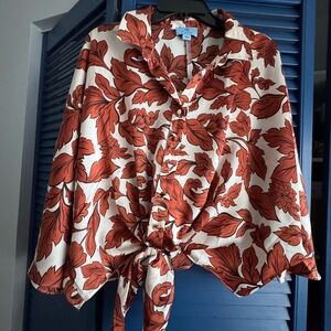 CeCe Red and White Floral Button Down Shirt